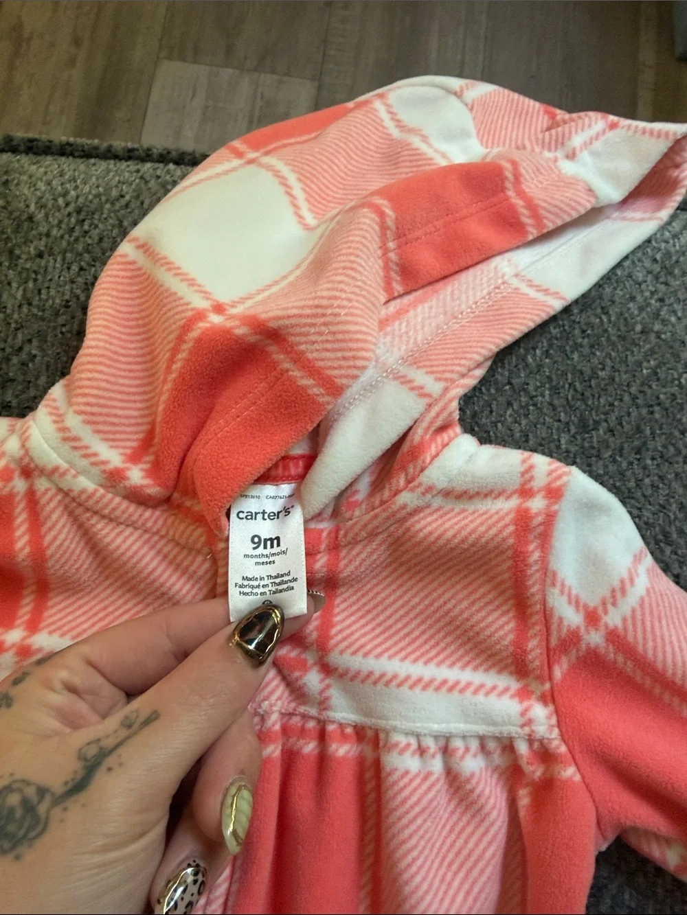 Carter's Coral and White Plaid Hooded Fleece Footed One-Piece